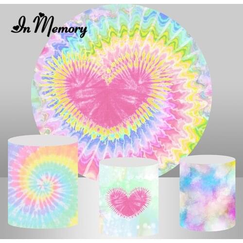 InMemory Sweet Girls Birthday Party Round Backdrops For Photography Pink Heart Tie Dye Backgrounds Plinth Covers Customized