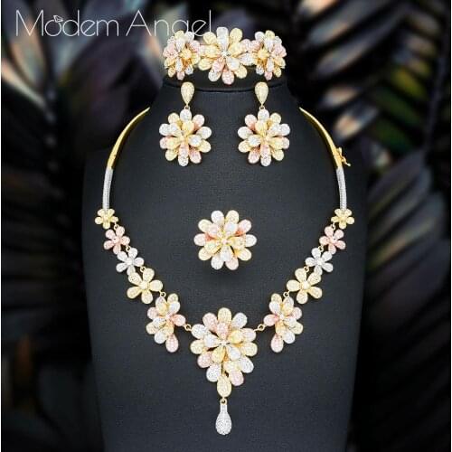ModemAngel Luxury Flower 4pcs African Cubic Zircon CZ Nigerian Jewelry sets For Women Wedding Dubai Gold Bridal Jewelry Sets