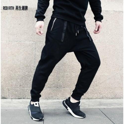 Fashion male beam men loose trousers personality plus size Hanging crotch pants mens harem pants casual black elastic band