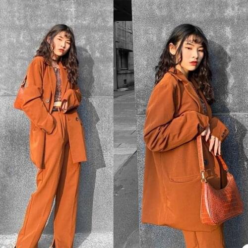 Fashion Chic Women Suits Korean Style Notched Lapel Blazer Double Breasted Young Girl Daily Jacket 2 Pieces Set