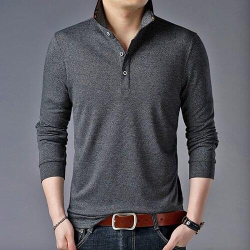 2021 Autumn Slim Fit Mens Long Sleeve Polo Shirt Knitted Lapel Collar Tshirt Solid Color Casual Burgundy Poloshirt Man Clothing