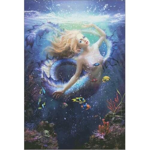 Counted Cross Stitch Kit Splash Mermaid and Fishes in Blue Sea