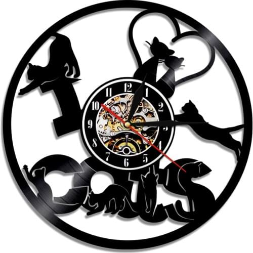 I LOVE CATS Kitten Lovers Quote Vinyl Record Wall Clock Kitty Carved Vinyl Disk Crafts Wall Watch Animal Shadow Art Retro Watch