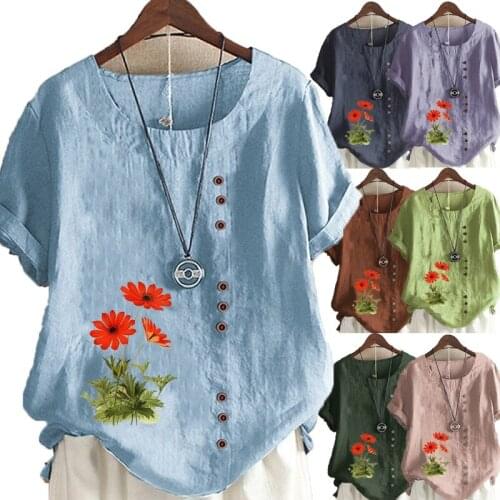 New Fashion Womens Summer Floral Print Round Neck Short-sleeved T-shirt Casual Loose Solid Color Shirt Top