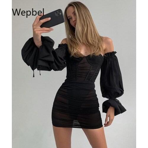 Wepbel Tube Top Backless Dresses Sheath Bodycon Sexy Women Club Wear Dress Lantern Sleeve See-through Sheath Mini Dress