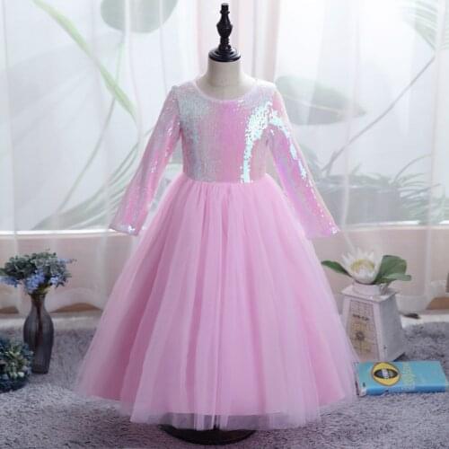 Girls Long Sleeve Princess Dress Bridesmaid Sequins Clothes Children Party Wedding Dress