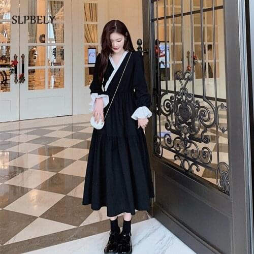 SLPBELY Women Elegant Black Dress Long Sleeve Fairy Sequin Party Dress V-Neck Chic Dress Spring Clothing Female Ruffle Dress