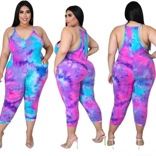 Plus Size Jumpsuit Women Clothing Tie Dye One Piece Outfit Sleeveless Fashion Pocket Casual Loose Romper Wholesale Dropshipping