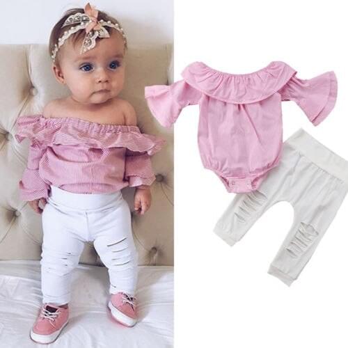 Pudcoco 2020 Newborn Infant Baby Girls Clothes Set Pink Off Shoulder Romper +White Ripped Jeans Pants Outfits Clothing