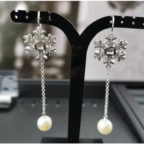 Luxury Jewelry For Lover Gift Crystal Snowflake With Long Chain Pearl Pendant Aros Aesthetic Aretes Accessories Stud Earrings