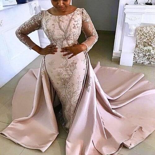 Blush Pink Plus Size Evening Dresess With Train Appliques Lace Beads Long Sleeves Prom Dress Aso Ebi Wmen Formal Party Vestidos