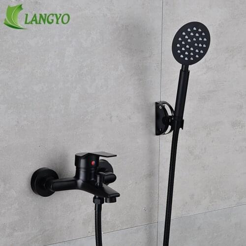 LANGYO Solid Brass Dual Holders Bathtub Faucet Balck Wall Mounted Bathroom Mixer Tap Hot and cold water faucet Shower Set
