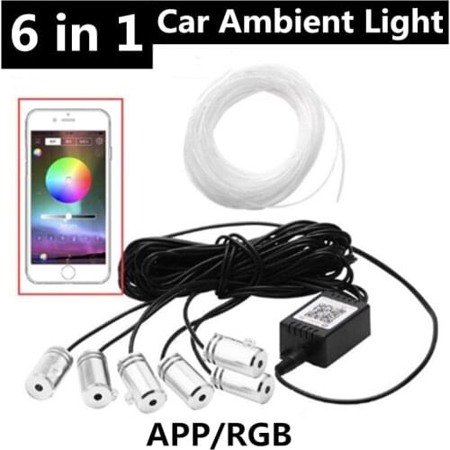 Universal 6 in 1 RGB LED with 8M Car Interior Decor Fiber Optical Strip Light by App Control 12V Car Decorative Atmosphere Lamps