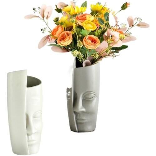 Creative Half Face Vase Ceramic Matte Flower Pot Flower Arrangement Home Decor Table Ornament White Gray Abstract Decorative Jar