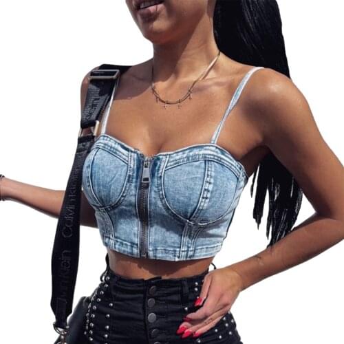 Sexy Denim Camisole Crop Top Women Backless Tube Top Solid Color Zipper Exposed Navel Vest Tops Ladies Club Tank Top