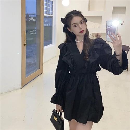 Ruffles Lace Up Mini Dress Women Spring Vintage Party Dress Flare Sleeve Black V-Neck Korean Elegant A-Line Cotton Spring X895