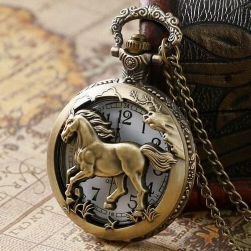 Vintage Bronze Alloy Stainless Steel Hollowed Flip-Open Cover One Horse Pendant Chain Pocket Watch Unique Unisex Gifts