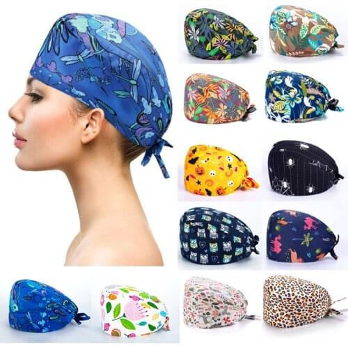 Womens Fashion Print Scrub Surgical Hat Adjustable Dust-Proof Cotton Nurse Cap Men Women Working Caps Christmas Halloween Hats