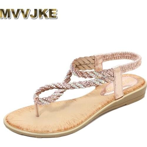 MVVJKEWoman shoes fashion ladies crystal casual shoes elastic band bohemian beach shoes summer Clip on open toe sandals soft