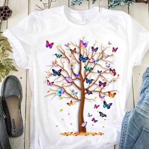 Woman Butterfly Tree Print Harajuku Summer Cartoon Tshirts Female Casual Round Neck Short Sleeve Tops Tee Shirt,Drop Ship