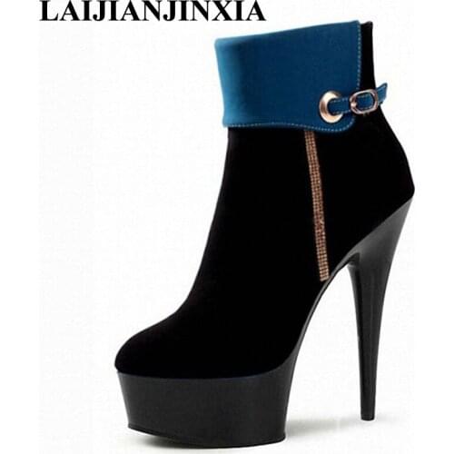 Shoes woman Party Queen:35-46 2016 Autumn/Winter Flock 15cm thin high heels Buckle Riding boots platform pumps botas mujer