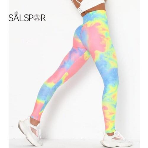 SALSPOR Women Fitness Sports Leggings Digital Printed Tie-Dye Fitness Leggings with Cross Waist Sexy Hip Lift Gym Yoga Pants