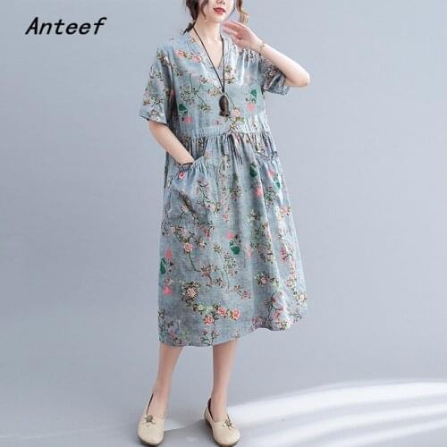 Short sleeve cotton vintage floral dresses for women casual loose woman summer dress elegant clothes 2021