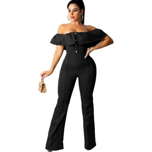 Autumn Jumpsuit For Women Sexy Ruffled Sleeveless One-Shoulder Jumpsuit Solid Color Stretch Wide-Leg Pants Ladies Trousers Club