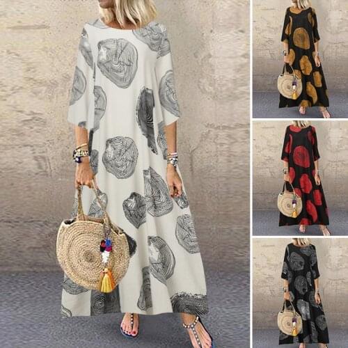 ZANZEA Womens Print Sundress 2021 Autumn Bohemian Short Sleeve Maxi Dress Casual V Neck Floral Vestidos Female O Neck Robe