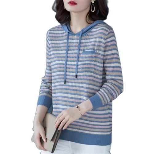 Stripe Hollow Out Long Sleeve Autumn Hooded Sweater Women Pullover Pocket Sweater Knitwear Loose Casual Ladies Top TT0014