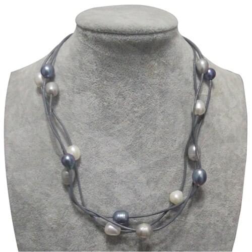 17 inches Three Rows Gray Leather Natural Handmade Multicolor Oval Freshwater Pearl Necklace