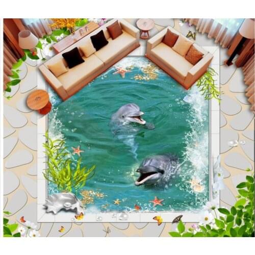 3d floor painting wallpaper Home Decoration Marble floor frame Dolphin design pvc self-adhesive wallpaper