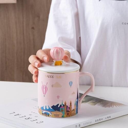 400ml Hand-painted Balloon Castle Ceramic Coffee Mug With Lid Spoon Creative Tea Milk Couple Cup Novelty Gift for Friends