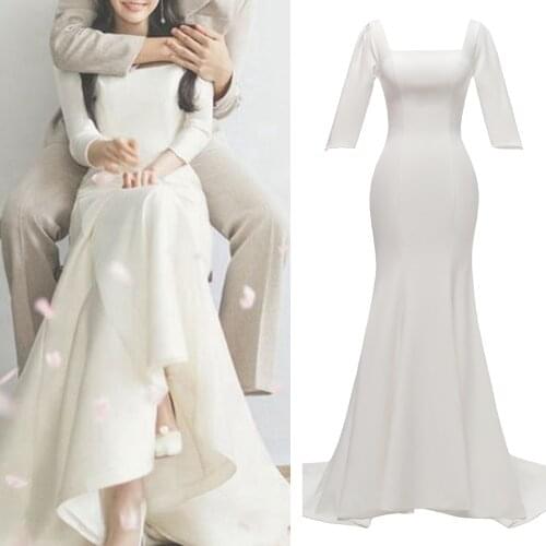 807#3/4 Long Sleeve Soft Satin Sheath Wedding Dress Bridesmaid Gown Simple Plain Bridal Shower Engagement Cheap Bridal Dress