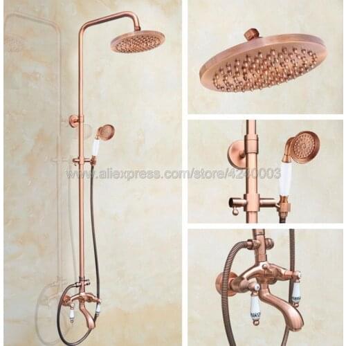 Antique Red Copper Bathroom Rainfall Shower Faucet Set Bathtub Mixer Tap With Hand Sprayer Wall Mounted Bath Shower Sets Krg536
