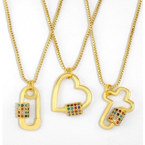 CZ Gold Chain Cross Necklace For Women Multicolor Crystal Heart Screw Clasp Carabiner Lock Necklace Pendant Jewelry Gift nker45