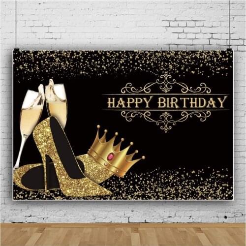 Happy Heels Birthday Backdrop Black and Gold Champange Girl Lady Royal Crown Photography Background Happy Birthday Princess
