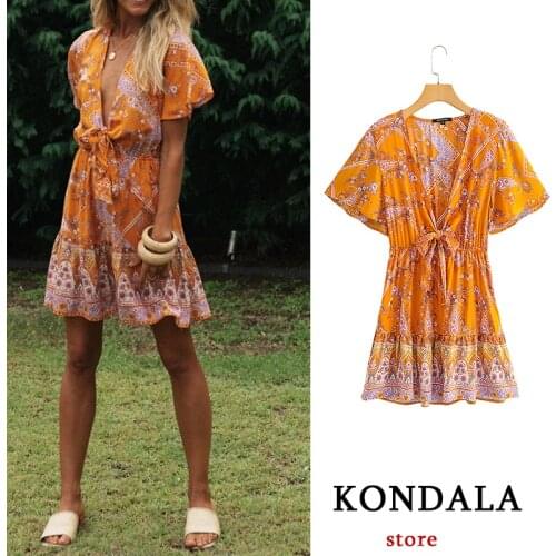 KONDALA Za Fashion Women Bohemian Bow Tie Deep V Neck Mini Dress Short Sleeve Ruffles A-Line Dresses Holiday Sexy Vestidos Mujer