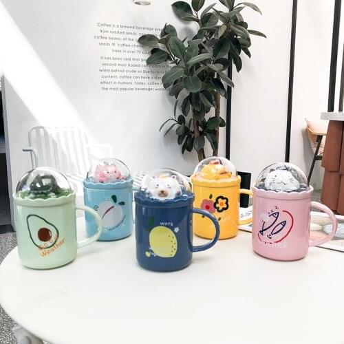 Micro Landscape Animal Mug,Cute Breakfast Ceramic Mug with Lid,3d Dinosaur Lid Coffee Cup,14 Oz,6 Inch