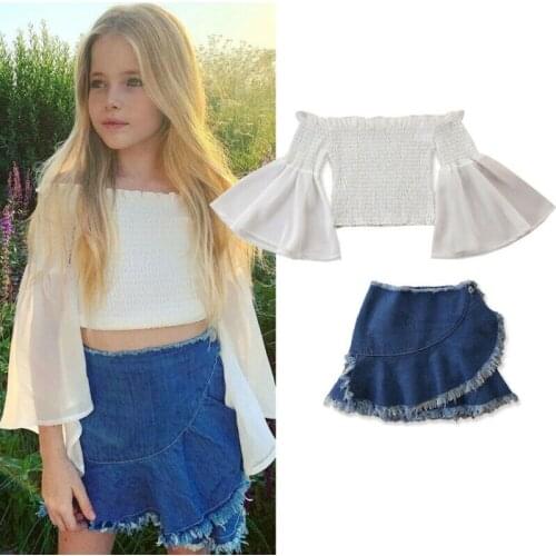 Summer Kid Baby Girl Clothes Ruffle Flare Sleeve Top Off Shoulder Blouse High Waist Denim Skirt Outfit 1-6Y