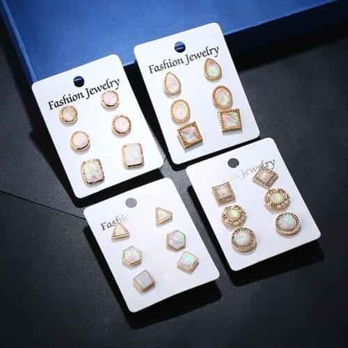 Fashion Gold Stud Earring Set Cristal Opal Ear Studs Triangle Geometric Round Female Earrings for Women Stones Earing Brincos