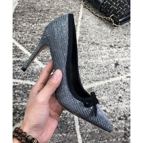 Moraima Snc Sexy Pointed Toe High Heel Shoes Woman Crystal Embellished Party Wedding Heels Butterfly-knot Dress Shoes Silver