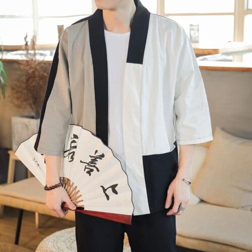 Male Japanese Kimono 2019 Summer Shirt Kimono Karate Samurai Costume Asymmetry Haori Mens Yukata Kimono Cardigan Men FF2086