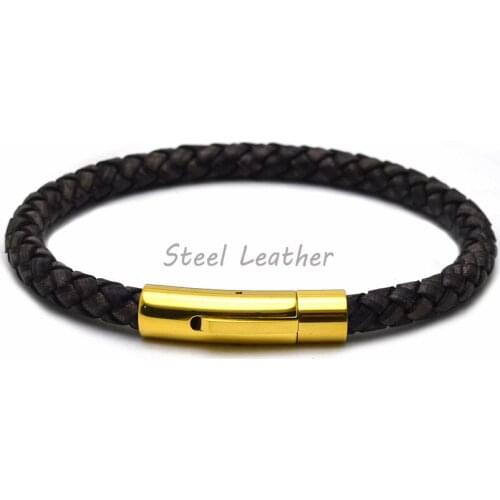 5pcs/lot engrave logo Genuine Leather Bracelet Men Bangle Fashion New Stainless Steel Men Jewelry Rock Chunky Leather Mens