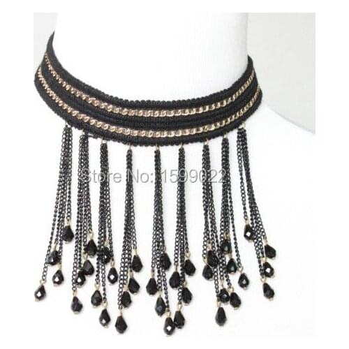 Shabby Chic Black Choker with Water Drop Tassel Beads Pendant Ornament for Women Bohemian Sexy Statement Necklace Accessories