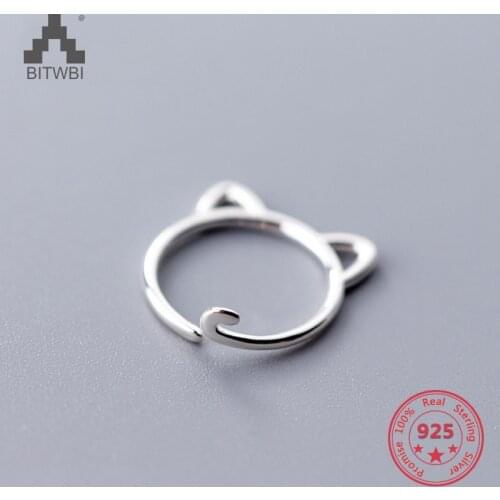 S925 Sterling Silver Fashion Simple Adjustable Cute Lovely Cat Rings