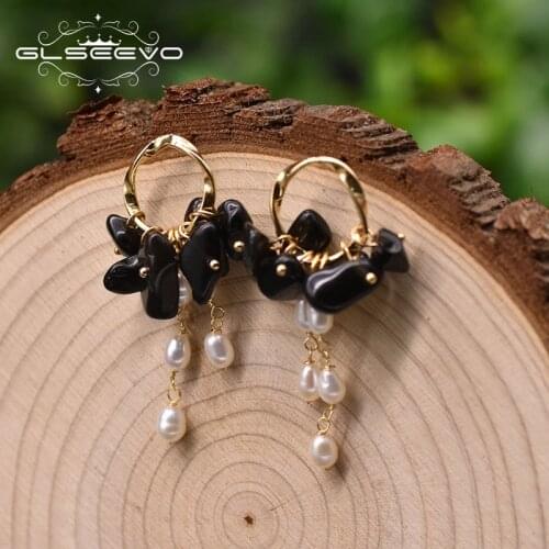 GLSEEVO Natural Black Onyx Drop Earrings For Engagement Ear Pin 925 Sterling Silver Natural Pearl Luxury Jewelry GE0991E