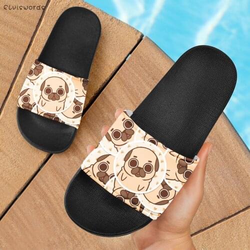 ELVISWORDS Lovely Cartoon Pug Prints Comfortable Indoor Women Slippers Non-slip Slip on Casual Ladies Slides Light Girls Sandals