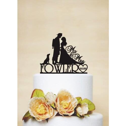 Wedding Cake Topper, Custom Cake Topper with Surname, date and dog,Fireman wedding,Bride and Firefighter Acrylic Decoration
