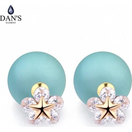 DANS ELEMENT Real Big Brand AAA Zirconia Rose Gold Color Simulated Pearl Fashion Ball Stud Earrings For Women Flower 113602